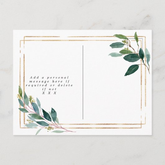 bohoの緑の草木の花の結婚式の保存日付カード 案内ポストカード (裏面)