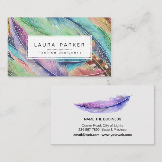 Bohoの羽の水彩画のボヘミアのヴィンテージの上品 名刺 (正面/裏面)