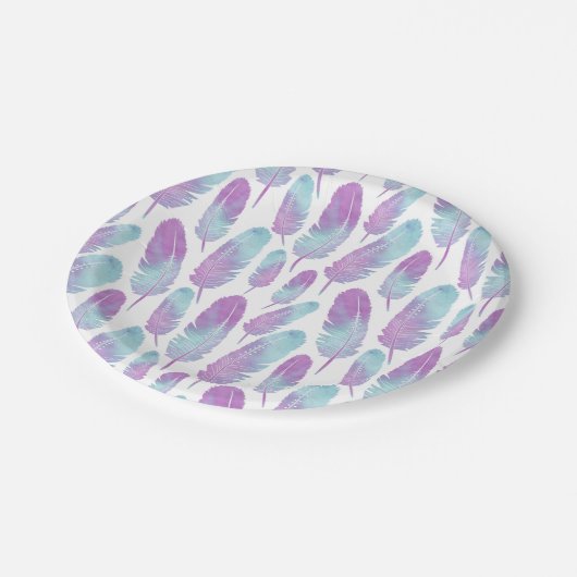 Bohoの羽の水彩画の紫色および青 ペーパープレート (アングル)