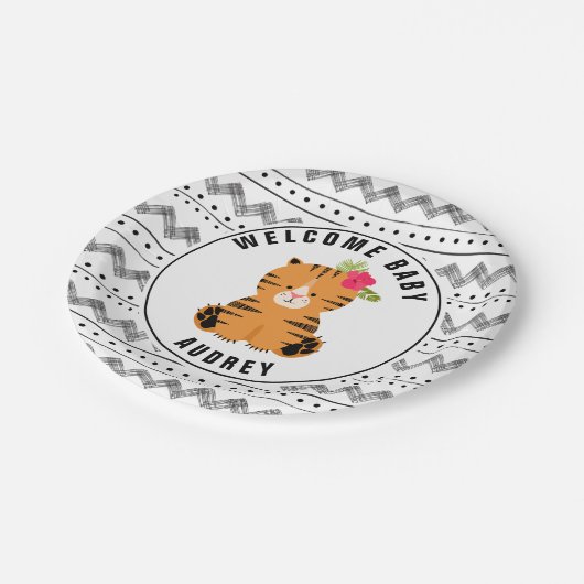 Bohoの花のトラの白黒ベビーシャワー ペーパープレート (アングル)