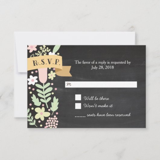 Bohoの花のリースの素朴な黒板の結婚式 出欠カード (正面)