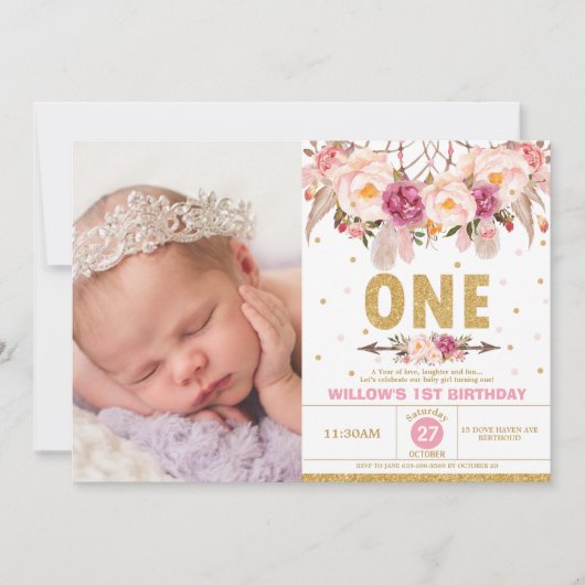 Bohoの花の夢のキャッチャーの第1誕生日の女の子の写真 招待状 (正面)