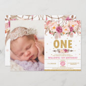 Bohoの花の夢のキャッチャーの第1誕生日の女の子の写真 招待状 (正面/裏面)
