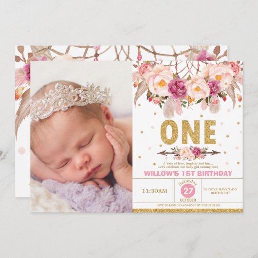 Bohoの花の夢のキャッチャーの第1誕生日の女の子の写真 招待状 (正面/裏面)