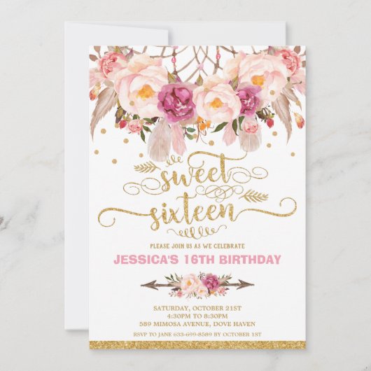 Bohoの花の夢のキャッチャーの菓子の第16誕生日 招待状 (正面)