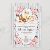 Bohoの花の森林動物のベビーシャワーの女の子 招待状 (正面/裏面)