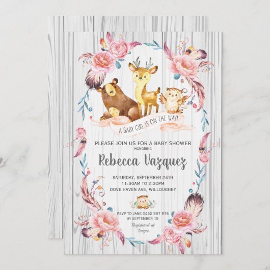 Bohoの花の森林動物のベビーシャワーの女の子 招待状 (正面/裏面)