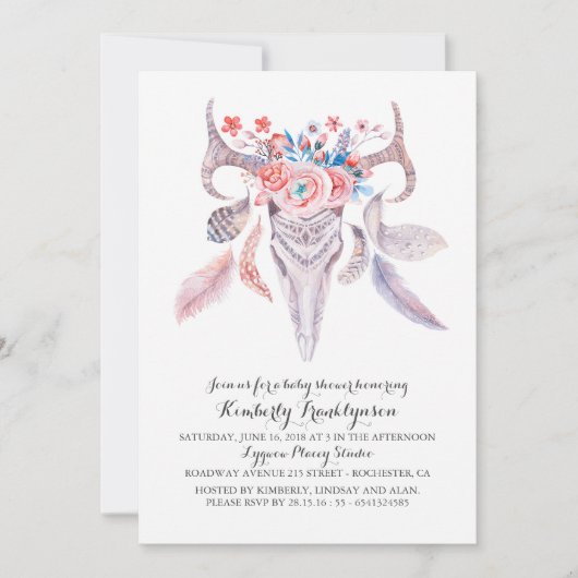 Bohoの花の水彩画のスカルのベビーシャワー 招待状 (正面)