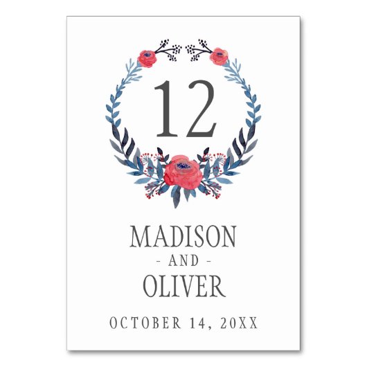 Bohoの花の水彩画の赤いバラ結婚する| テーブルナンバー (正面)