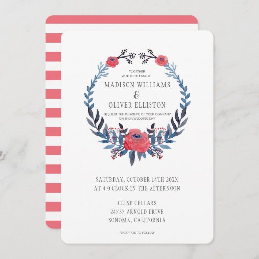 Bohoの花の水彩画の赤いバラ結婚する| 招待状 (正面/裏面)