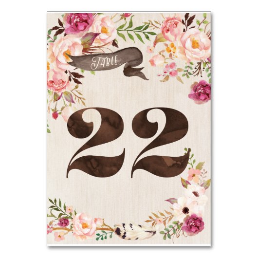 Bohoの花の素朴な結婚式のテーブル数カード22 テーブルナンバー (正面)