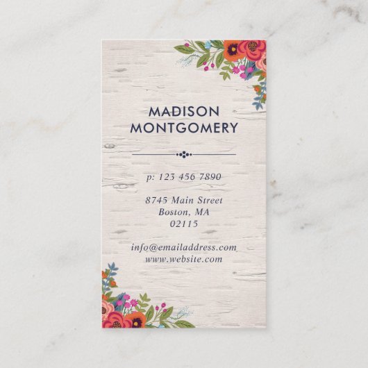 Bohoの花パターン-濃紺及び樺の木 名刺 (裏面)