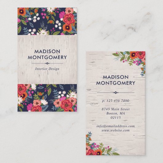 Bohoの花パターン-濃紺及び樺の木 名刺 (正面/裏面)