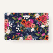 Bohoの花パターン-濃紺及び珊瑚-名前 バッジ (裏面)