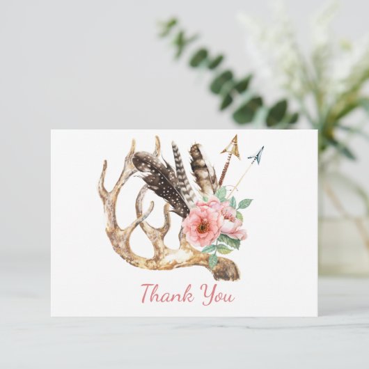 Bohoの花柄および枝角のサンキューカード 招待状 (スタンド正面)