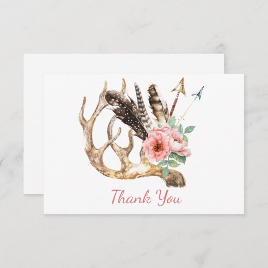 Bohoの花柄および枝角のサンキューカード 招待状 (正面/裏面)