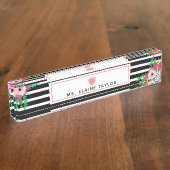 Bohoの花柄のストライプのピンクのAppleの先生 デスクネームプレート (側面)