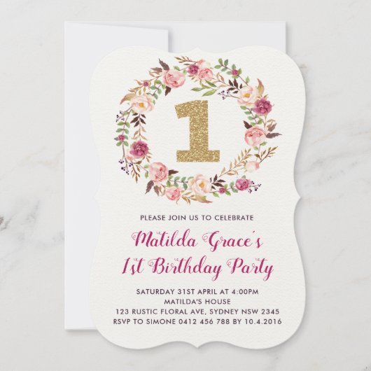 Bohoの花柄の最初誕生日の女の子のパーティの招待状 招待状 (正面)