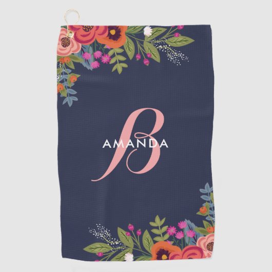 Bohoの花花束-濃紺及びピンクのモノグラム ゴルフタオル (正面)