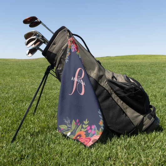 Bohoの花花束-濃紺及びピンクのモノグラム ゴルフタオル (グリーン)