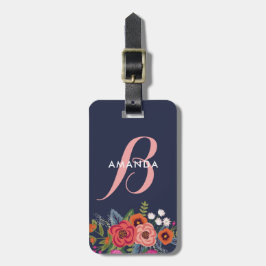 Bohoの花花束-濃紺及びピンクのモノグラム ラゲッジタグ
