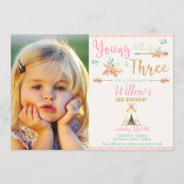 Bohoの若い野生および3第3誕生日の女の子の写真 招待状