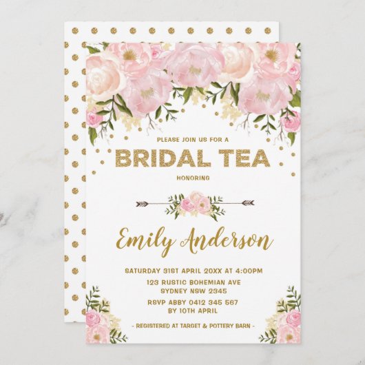 Bohoの赤面のピンクの水彩画の花の花嫁の茶 招待状 (正面/裏面)