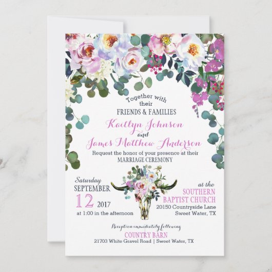 Bohoの長角牛牛スカルの花柄の結婚式招待状 招待状 (正面)