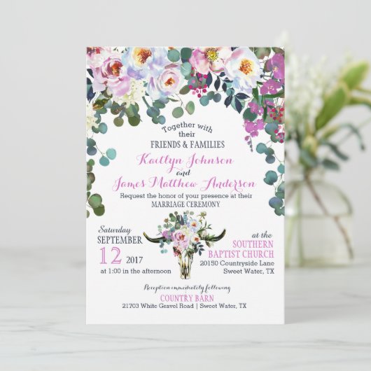 Bohoの長角牛牛スカルの花柄の結婚式招待状 招待状 (スタンド正面)