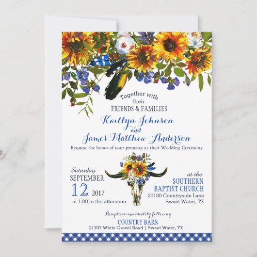 Bohoの長角牛牛スカルの花柄の結婚式招待状 招待状 (正面)