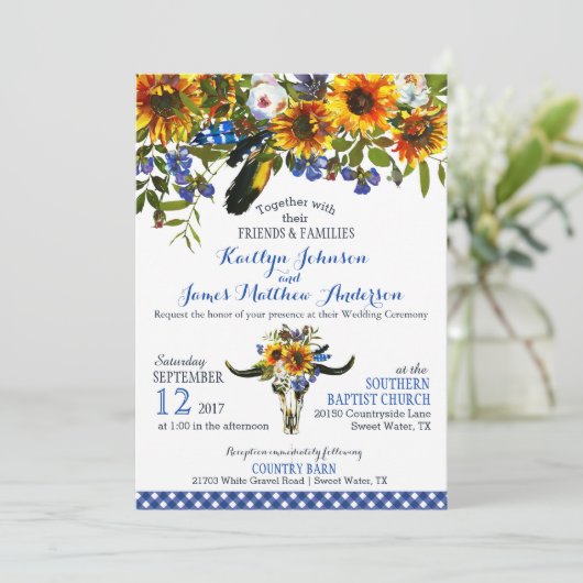 Bohoの長角牛牛スカルの花柄の結婚式招待状 招待状 (スタンド正面)