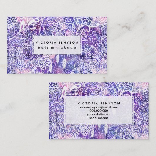 Bohoのdreamcatcherの花のピンクの紫色の水彩画 名刺 (正面/裏面)