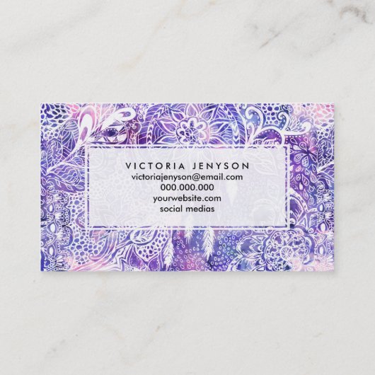 Bohoのdreamcatcherの花のピンクの紫色の水彩画 名刺 (裏面)