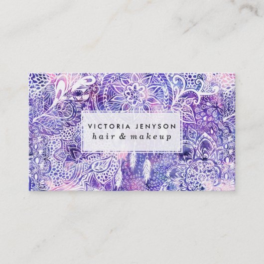 Bohoのdreamcatcherの花のピンクの紫色の水彩画 名刺 (正面)