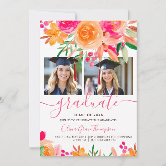 Bohoはっきりした水彩フローラ2 – 写真卒業 招待状 (正面)