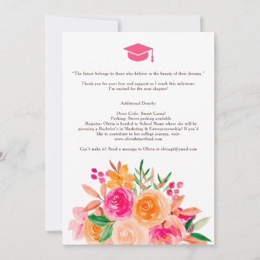 Bohoはっきりした水彩フローラ2 – 写真卒業 招待状 (裏面)