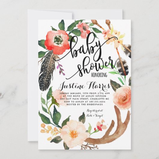 Bohoはベビーシャワーの招待状に羽をつけます 招待状 (正面)