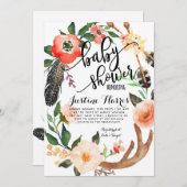 Bohoはベビーシャワーの招待状に羽をつけます 招待状 (正面/裏面)