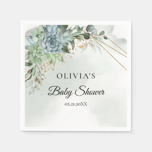 Bohoは緑の金ゴールドフレーム赤ちゃんシャワー スタンダードカクテルナプキン (正面)