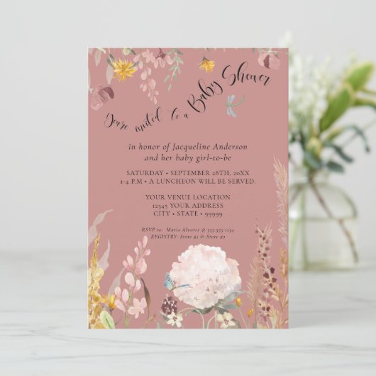 BOHOほこりっぽいピンクウォーター色フローラ蝶ベビー 招待状 (スタンド正面)