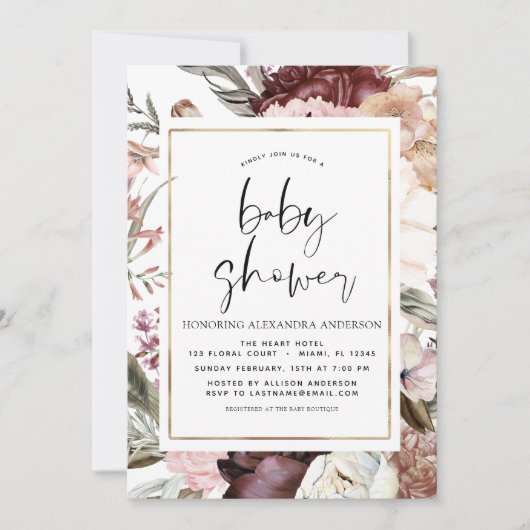 Bohoほこりっぽいピンクバーガンディ赤ちゃんシャワー 招待状 (正面)