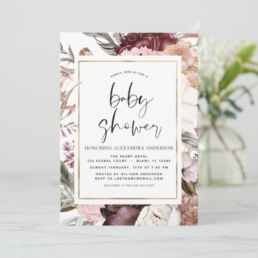 Bohoほこりっぽいピンクバーガンディ赤ちゃんシャワー 招待状 (スタンド正面)