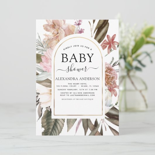 Bohoほこりっぽいピンクバーガンディ赤ちゃんシャワー 招待状 (スタンド正面)