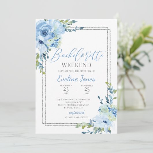 Bohoほこりっぽいブルーフローラシルバーフレームバチェロレッテ 招待状 (スタンド正面)