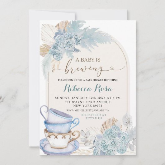 Bohoほこりっぽいブルーフローラベビーは赤ちゃんシャワーを醸造している 招待状 (正面)