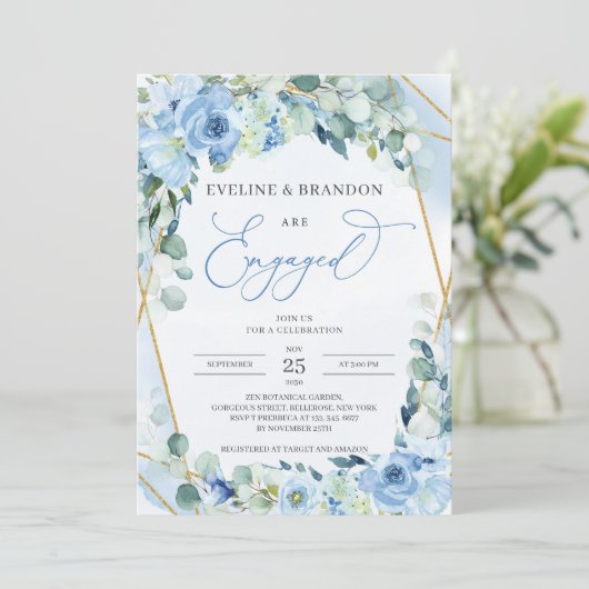 Bohoほこりっぽい青いフローラ金ゴールド幾何学的フレーム係合 招待状 (スタンド正面)