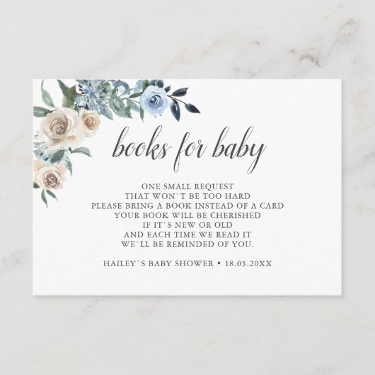 Bohoほこりっぽい青い花の本ベビー エンクロージャーカード (正面)