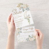 Bohoアイボリーフローラ金ゴールド三日月ベビーシャワー オールインワン招待状 (貼ってはがせる)