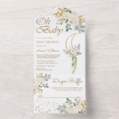 Bohoアイボリーフローラ金ゴールド三日月ベビーシャワー オールインワン招待状 (内側)