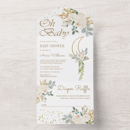 Bohoアイボリーフローラ金ゴールド三日月ベビーシャワー オールインワン招待状 (内側)